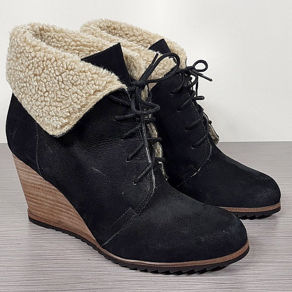 Caslon Gaby Faux Shearling Lace-Up Bootie, Black Leather, Womens Size 9 & 12